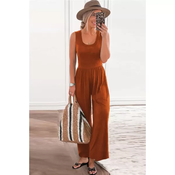 imagePRETTYGARDEN Womens Summer Sleeveless Tank Jumpsuits High Waist Low Cut Casual Scoop Neck Fit And Flare Long Pants RompersOrange Red