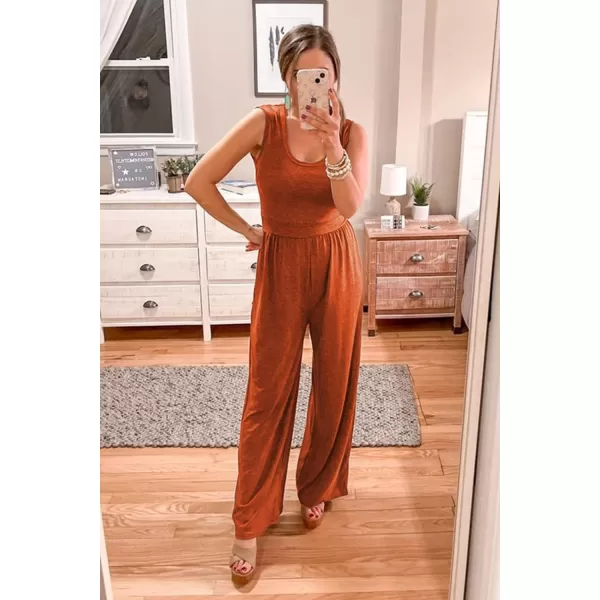 imagePRETTYGARDEN Womens Summer Sleeveless Tank Jumpsuits High Waist Low Cut Casual Scoop Neck Fit And Flare Long Pants RompersOrange Red