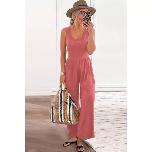 imagePRETTYGARDEN Womens Summer Sleeveless Tank Jumpsuits High Waist Low Cut Casual Scoop Neck Fit And Flare Long Pants RompersPink