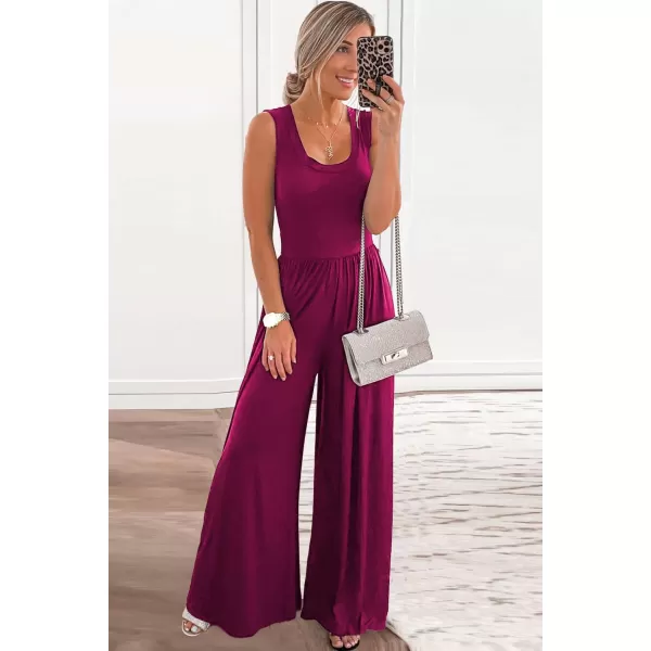 imagePRETTYGARDEN Womens Summer Sleeveless Tank Jumpsuits High Waist Low Cut Casual Scoop Neck Fit And Flare Long Pants RompersPurple Red