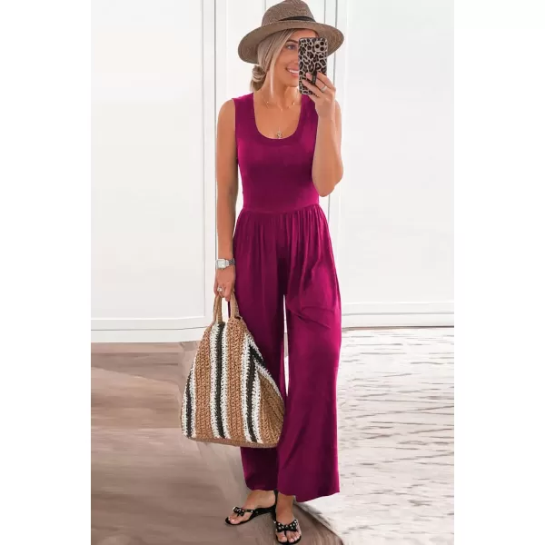 imagePRETTYGARDEN Womens Summer Sleeveless Tank Jumpsuits High Waist Low Cut Casual Scoop Neck Fit And Flare Long Pants RompersPurple Red