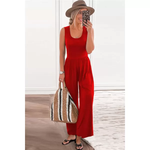 imagePRETTYGARDEN Womens Summer Sleeveless Tank Jumpsuits High Waist Low Cut Casual Scoop Neck Fit And Flare Long Pants RompersRed