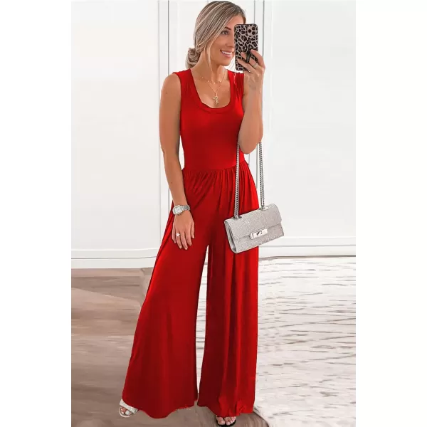 imagePRETTYGARDEN Womens Summer Sleeveless Tank Jumpsuits High Waist Low Cut Casual Scoop Neck Fit And Flare Long Pants RompersRed