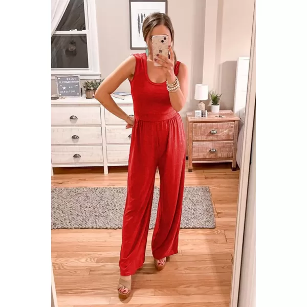 imagePRETTYGARDEN Womens Summer Sleeveless Tank Jumpsuits High Waist Low Cut Casual Scoop Neck Fit And Flare Long Pants RompersRed