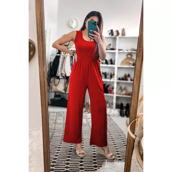 imagePRETTYGARDEN Womens Summer Sleeveless Tank Jumpsuits High Waist Low Cut Casual Scoop Neck Fit And Flare Long Pants RompersRed