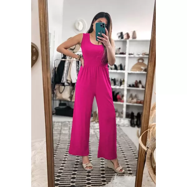 imagePRETTYGARDEN Womens Summer Sleeveless Tank Jumpsuits High Waist Low Cut Casual Scoop Neck Fit And Flare Long Pants RompersRose Red
