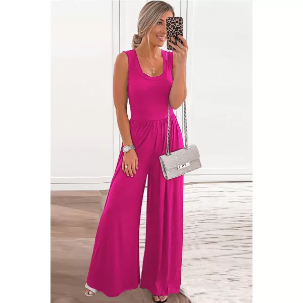 imagePRETTYGARDEN Womens Summer Sleeveless Tank Jumpsuits High Waist Low Cut Casual Scoop Neck Fit And Flare Long Pants RompersRose Red