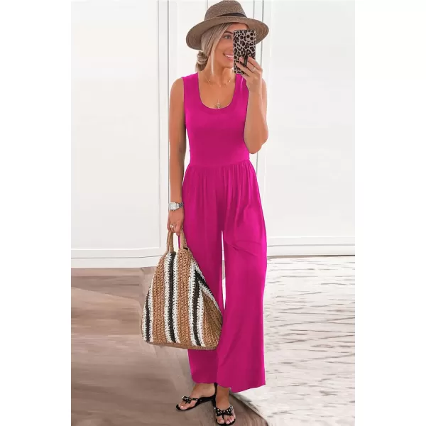 imagePRETTYGARDEN Womens Summer Sleeveless Tank Jumpsuits High Waist Low Cut Casual Scoop Neck Fit And Flare Long Pants RompersRose Red