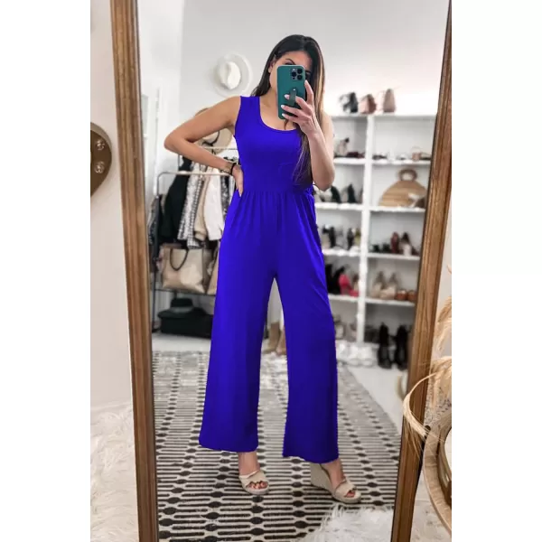 imagePRETTYGARDEN Womens Summer Sleeveless Tank Jumpsuits High Waist Low Cut Casual Scoop Neck Fit And Flare Long Pants RompersRoyal Blue