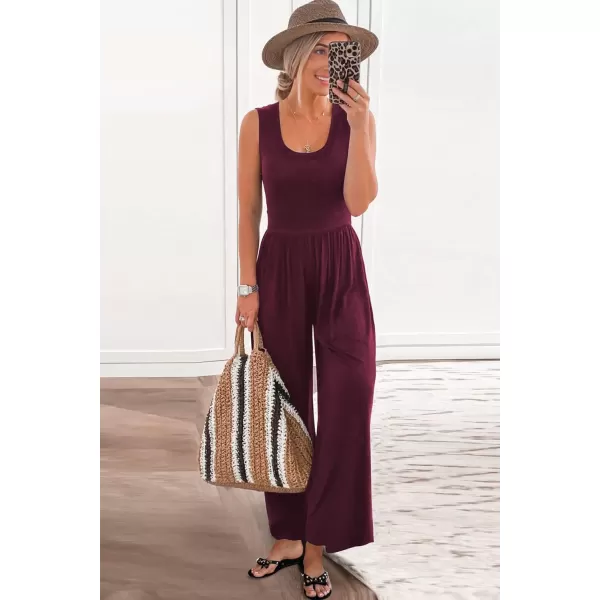 imagePRETTYGARDEN Womens Summer Sleeveless Tank Jumpsuits High Waist Low Cut Casual Scoop Neck Fit And Flare Long Pants RompersWine Red