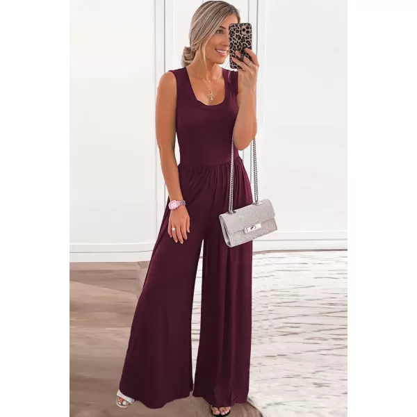 imagePRETTYGARDEN Womens Summer Sleeveless Tank Jumpsuits High Waist Low Cut Casual Scoop Neck Fit And Flare Long Pants RompersWine Red