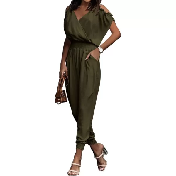 imagePRETTYGARDEN Jumpsuit for Women Casual Wrap V Neck Cold Shoulder One Piece Outfits Pants RomperArmy Green