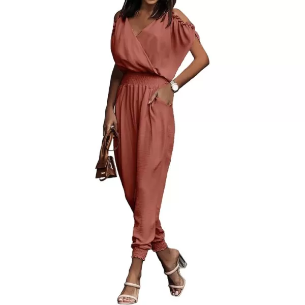 imagePRETTYGARDEN Jumpsuit for Women Casual Wrap V Neck Cold Shoulder One Piece Outfits Pants RomperBrick Red