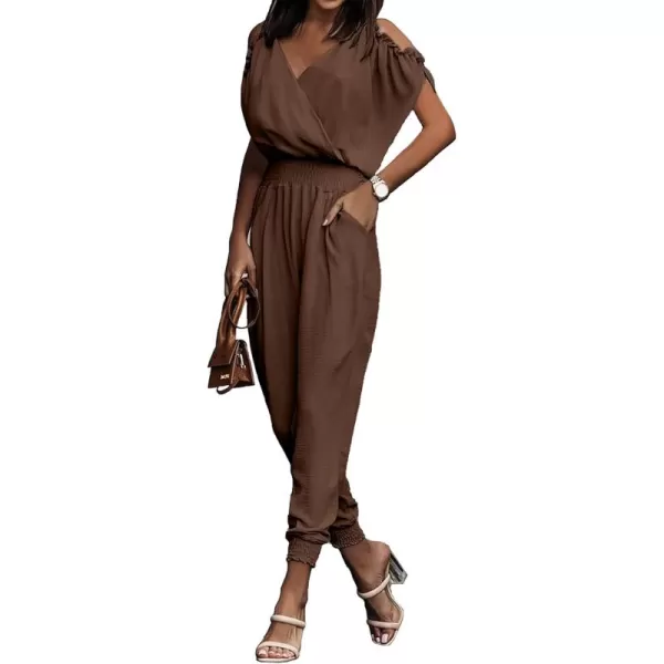 imagePRETTYGARDEN Jumpsuit for Women Casual Wrap V Neck Cold Shoulder One Piece Outfits Pants RomperBrown