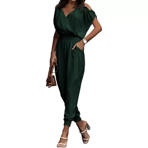 imagePRETTYGARDEN Jumpsuit for Women Casual Wrap V Neck Cold Shoulder One Piece Outfits Pants RomperDark Green