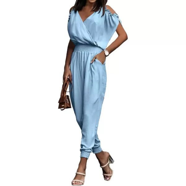 imagePRETTYGARDEN Jumpsuit for Women Casual Wrap V Neck Cold Shoulder One Piece Outfits Pants RomperLight Blue