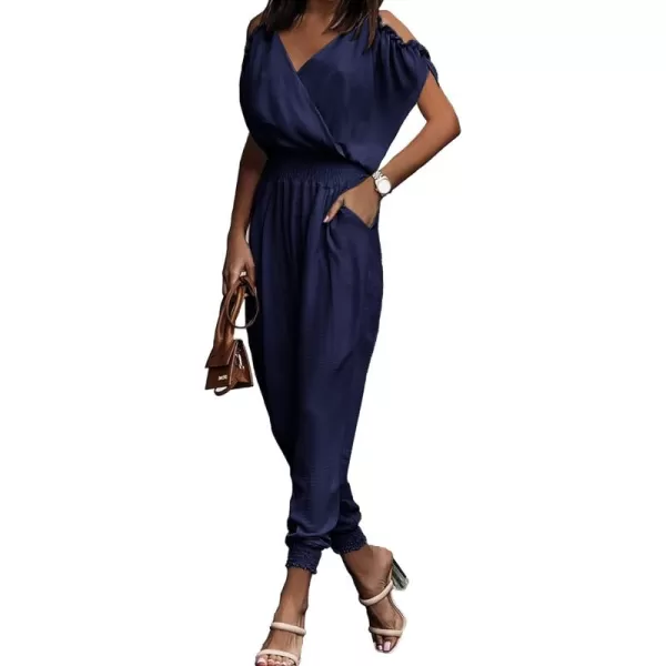 imagePRETTYGARDEN Jumpsuit for Women Casual Wrap V Neck Cold Shoulder One Piece Outfits Pants RomperNavy