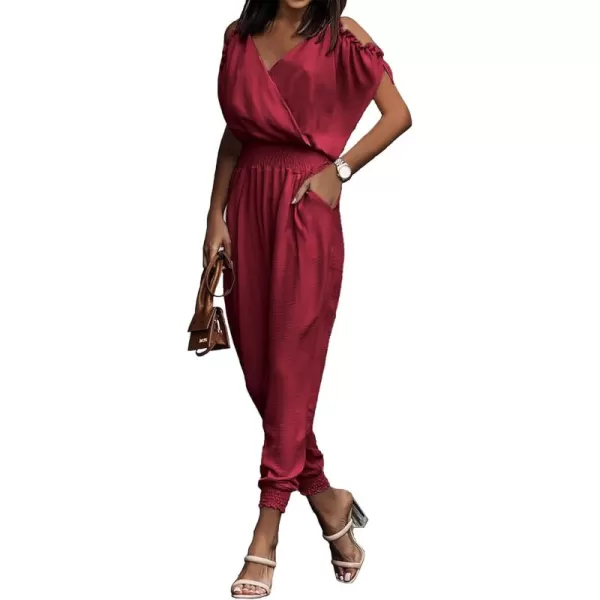 imagePRETTYGARDEN Jumpsuit for Women Casual Wrap V Neck Cold Shoulder One Piece Outfits Pants RomperRed
