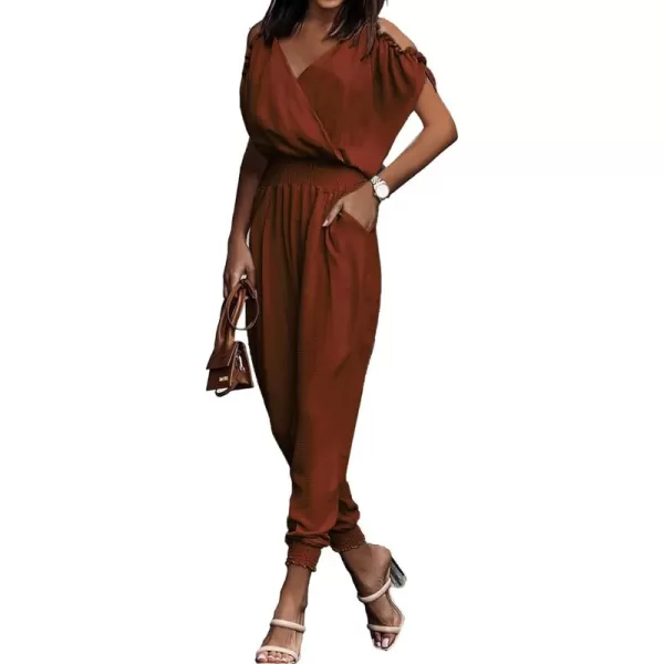 imagePRETTYGARDEN Jumpsuit for Women Casual Wrap V Neck Cold Shoulder One Piece Outfits Pants RomperRed Brown