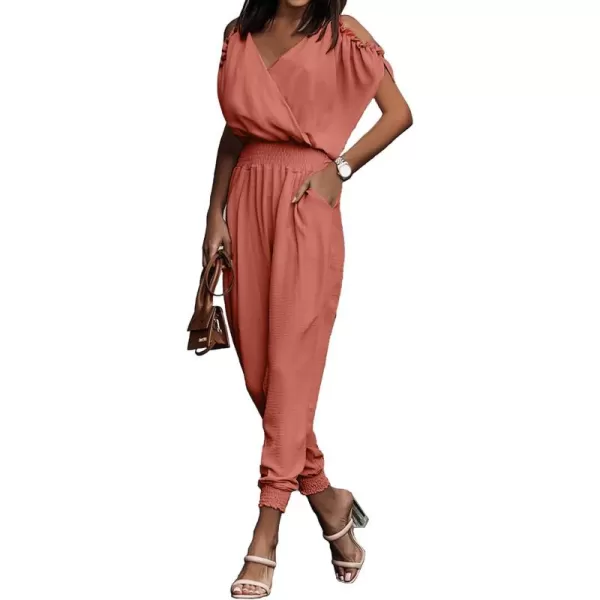 imagePRETTYGARDEN Jumpsuit for Women Casual Wrap V Neck Cold Shoulder One Piece Outfits Pants RomperWatermelon Red