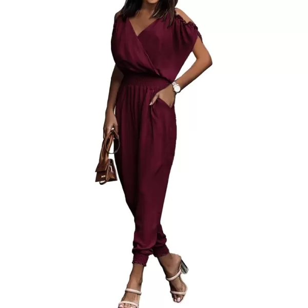 imagePRETTYGARDEN Jumpsuit for Women Casual Wrap V Neck Cold Shoulder One Piece Outfits Pants RomperWine Red