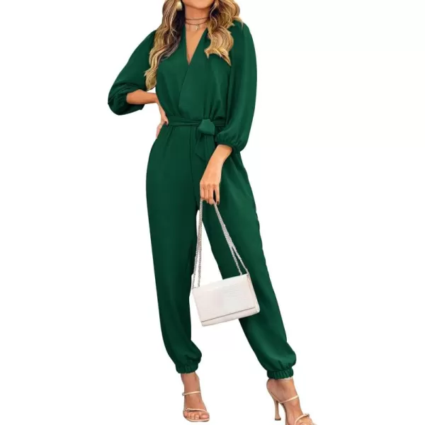 imagePRETTYGARDEN Womens 2024 Fall Jumpsuits Casual Dressy One Piece Outfits V Neck Long Sleeve Belt Pockets Long Pants RomperDark Green