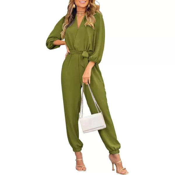 imagePRETTYGARDEN Womens 2024 Fall Jumpsuits Casual Dressy One Piece Outfits V Neck Long Sleeve Belt Pockets Long Pants RomperOlive Green
