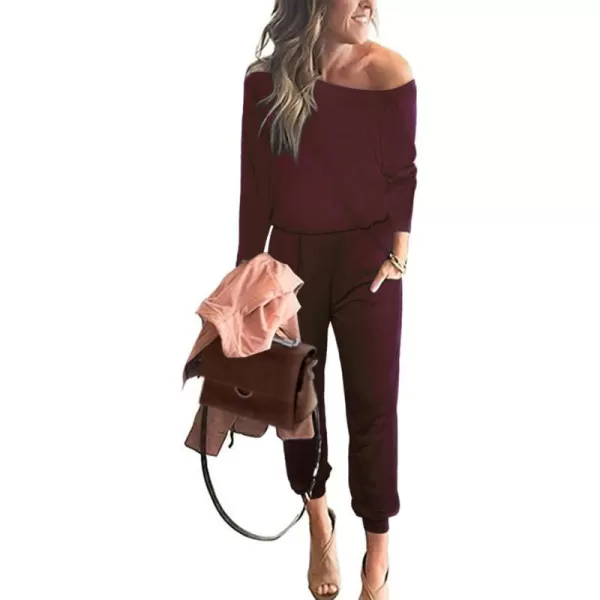 imagePRETTYGARDEN Womens Casual Long Sleeve Jumpsuit Crewneck One Off Shoulder Elastic Waist Stretchy RomperWine Red