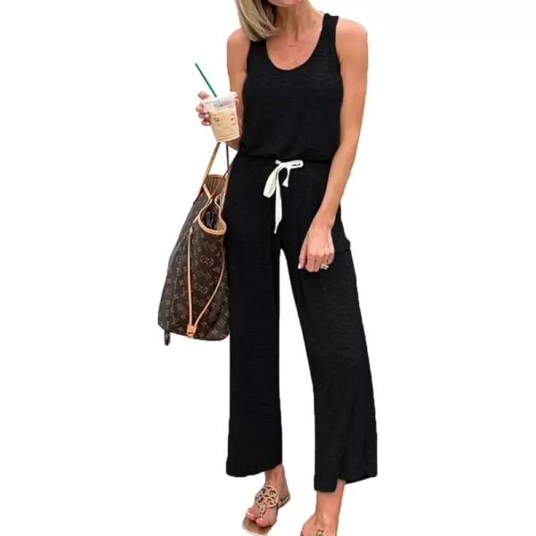 imagePRETTYGARDEN Womens Casual Sleeveless Solid Jumpsuit Crewneck Drawstring Waist Stretchy Long Pants RomperAblack