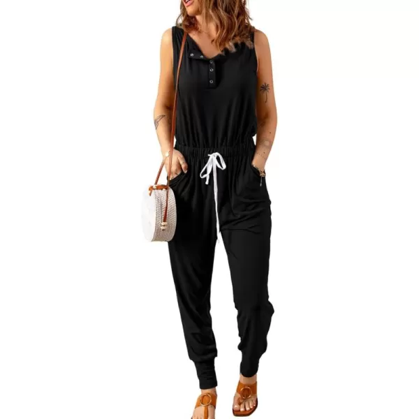 imagePRETTYGARDEN Womens Casual Sleeveless Solid Jumpsuit Crewneck Drawstring Waist Stretchy Long Pants RomperButton Downblack