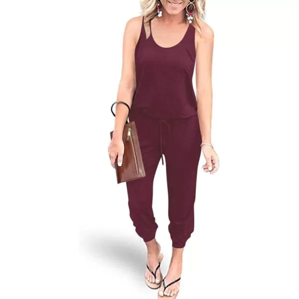 imagePRETTYGARDEN Womens Casual Tank Jumpsuits Sleeveless Drawstring Elastic Waist Loose Summer RomperRed