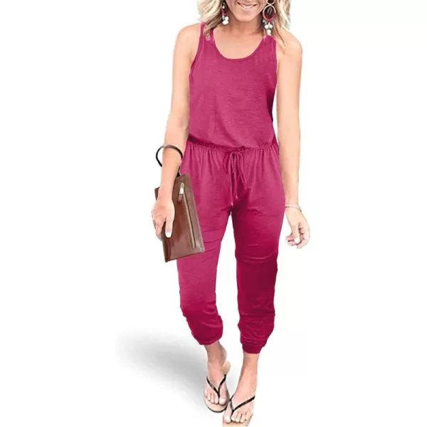 imagePRETTYGARDEN Womens Casual Tank Jumpsuits Sleeveless Drawstring Elastic Waist Loose Summer RomperRose Red