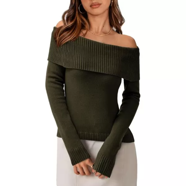 imagePRETTYGARDEN Womens Fall Off Shoulder Sweaters Y2K Long Sleeve Ribbed Knit Fitted Pullover Tops BlouseArmy Green