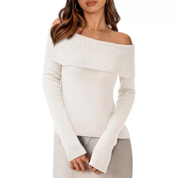 imagePRETTYGARDEN Womens Fall Off Shoulder Sweaters Y2K Long Sleeve Ribbed Knit Fitted Pullover Tops BlouseBeige White