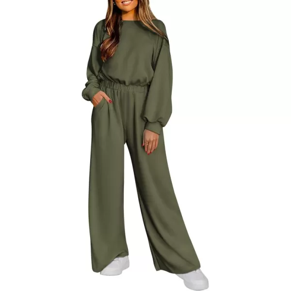imagePRETTYGARDEN Womens Fall One Piece Jumpsuits Dressy Casual Long Sleeve Elastic Waist Pockets Wide Leg Long Pants RompersArmy Green