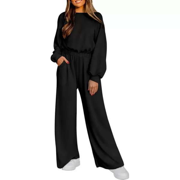 imagePRETTYGARDEN Womens Fall One Piece Jumpsuits Dressy Casual Long Sleeve Elastic Waist Pockets Wide Leg Long Pants RompersBlack