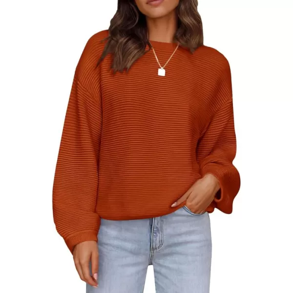 imagePRETTYGARDEN Womens Fall Sweaters 2024 Casual Loose Crewneck Ribbed Long Sleeve Top Knit Pullover SweaterRust Red