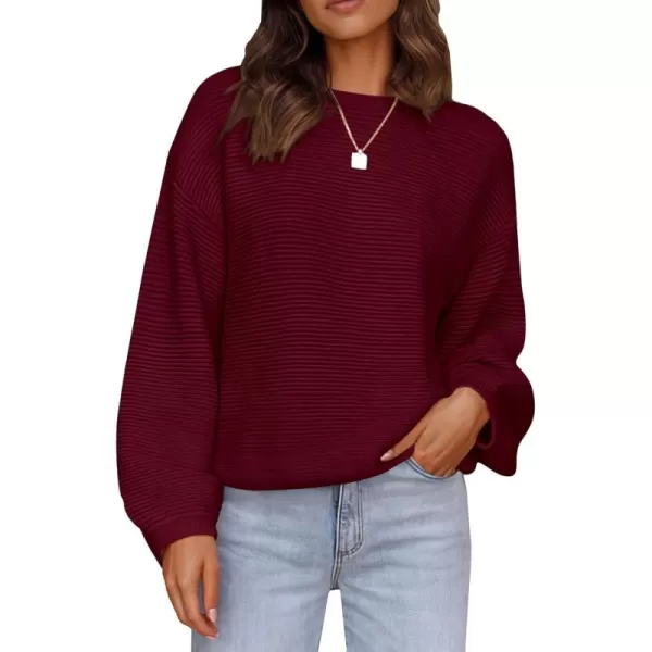 imagePRETTYGARDEN Womens Fall Sweaters 2024 Casual Loose Crewneck Ribbed Long Sleeve Top Knit Pullover SweaterWine Red
