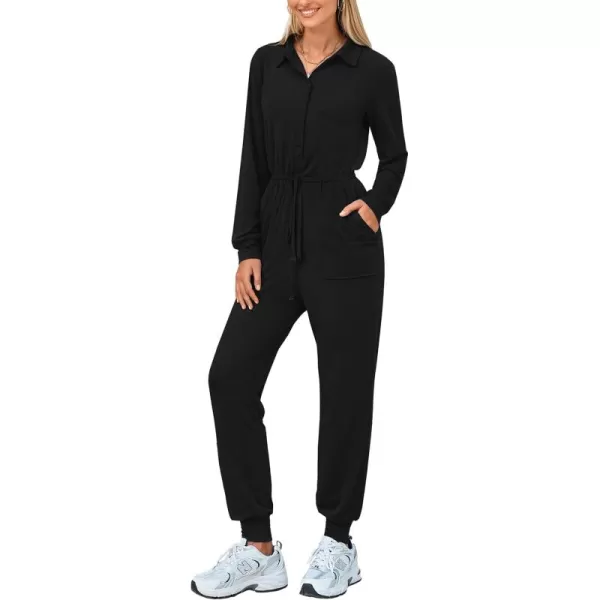 imagePRETTYGARDEN Womens Jumpsuits Fall Long Sleeve Rompers One Piece Outfits For Women 2024 Button up Lounge WearBlack
