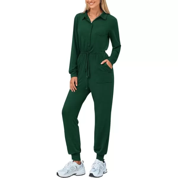 imagePRETTYGARDEN Womens Jumpsuits Fall Long Sleeve Rompers One Piece Outfits For Women 2024 Button up Lounge WearDark Green