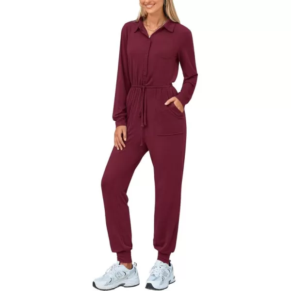 imagePRETTYGARDEN Womens Jumpsuits Fall Long Sleeve Rompers One Piece Outfits For Women 2024 Button up Lounge WearDark Wine Red