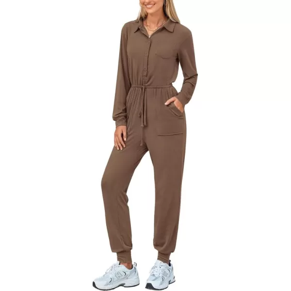 imagePRETTYGARDEN Womens Jumpsuits Fall Long Sleeve Rompers One Piece Outfits For Women 2024 Button up Lounge WearKhaki