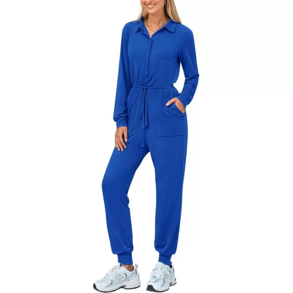 imagePRETTYGARDEN Womens Jumpsuits Fall Long Sleeve Rompers One Piece Outfits For Women 2024 Button up Lounge WearRoyal Blue