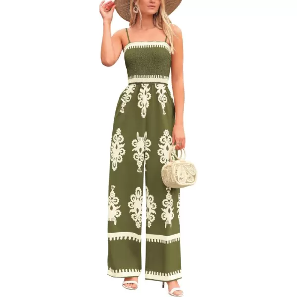 imagePRETTYGARDEN Womens Summer Boho Jumpsuits One Piece Beach Vacation Outfits Spaghetti Strap Wide Leg Pants RompersArmy Green