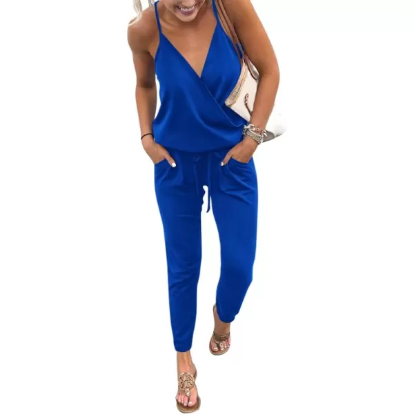 imagePRETTYGARDEN Womens Summer Casual Jumpsuits Wrap V Neck Sleeveless One Piece Pants Romper with PocketsBlue