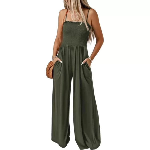 imagePRETTYGARDEN Womens Summer Jumpsuits Dressy Casual One Piece Outfits Linen Smocked Spaghetti Strap Pockets Wide Leg RompersArmy Green
