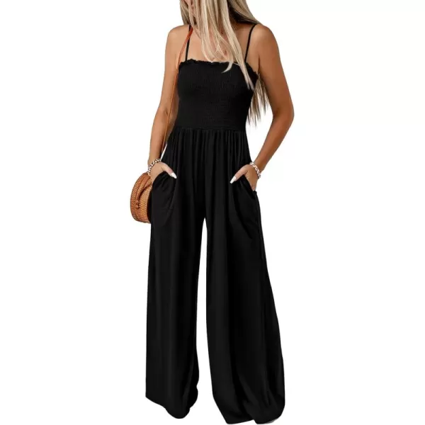 imagePRETTYGARDEN Womens Summer Jumpsuits Dressy Casual One Piece Outfits Linen Smocked Spaghetti Strap Pockets Wide Leg RompersBlack