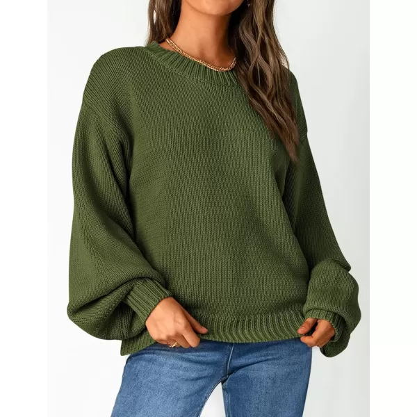 imagePRETTYGARDEN Womens 2024 Fall Chunky Knit Sweater Casual Long Lantern Sleeve Crewneck Pullover Jumper TopsArmy Green