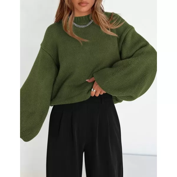 imagePRETTYGARDEN Womens 2024 Fall Chunky Knit Sweater Casual Long Lantern Sleeve Crewneck Pullover Jumper TopsArmy Green