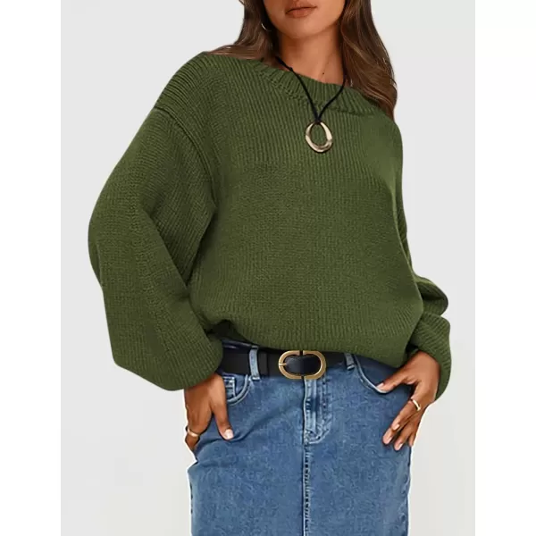 imagePRETTYGARDEN Womens 2024 Fall Chunky Knit Sweater Casual Long Lantern Sleeve Crewneck Pullover Jumper TopsArmy Green